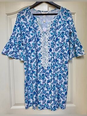 Lilly Pulitzer Elsa Tunic Dress Cover Up Blue Teal Seashell NWT Small Embroidery